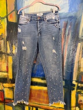 Pistola Medium Wash  Blue Pearl-Studded Straight Leg Fring cut hem Jeans 27